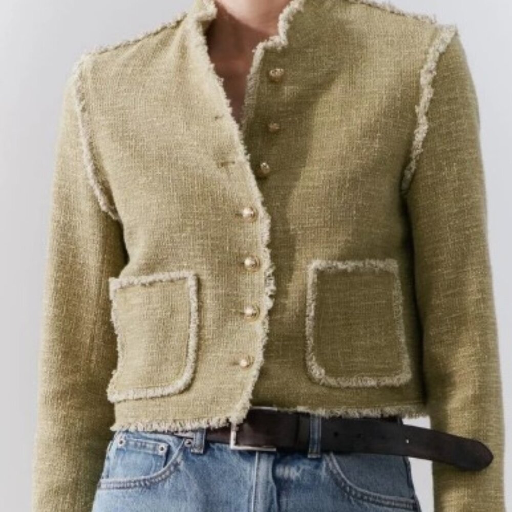 Zara Woman TEXTURED FRINGED SHORT JACKET Gold buttons Khaki, size Med, NWT